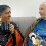 Dr. Vandana Shiva, left, and Dr. Jane Goodall, both are delegates to the International Women's Earth and Climate Summit, talk before the opening of the summit. Photo credit: Lori Waselchuk
