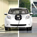 A Nissan LEAF charges in a garage. Photo credit: Nissan