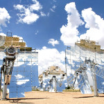 The Stirling Energy Systems dish in Albuquerque, NM generates electricity by focusing the sun's rays onto a receiver, which transmits the heat energy to a Stirling engine. The Department of Energy's SunShot Initiative aims to cut the cost of utility scale solar installations to make way for the broad deployment of similar projects. Photo credit: Sandia National Laboratories/Randy Montoya
