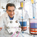 Michael J. Aziz (pictured) and others at Harvard University have developed a metal-free flow battery that relies on the electrochemistry of naturally abundant, small organic molecules to store electricity generated from renewable, intermittent energy sources. Photo credit: Eliza Grinnell, SEAS Communications