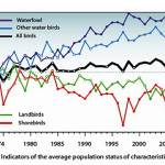 National Bird Biodiversity Indicators from Canada show a strongly declining trend since 1974 for all waders (shorebirds; red line) compared to other bird types (North American Bird Conservation Initiative Canada, 2012).