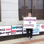 A fracking protester in Pennsylvania displays a sentiment many in the state agree with, including Food & Water Watch, which launched a campaign to pressure candidates to commit to a fracking moratorium as the primary election approaches. Photo credit: Food & Water Watch/Facebook